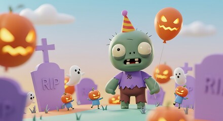 Naklejka premium Cute Cartoon Zombie with Halloween Party Background