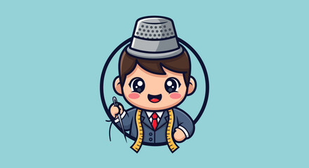 Cute cartoon tailor with measuring tape and thimble.