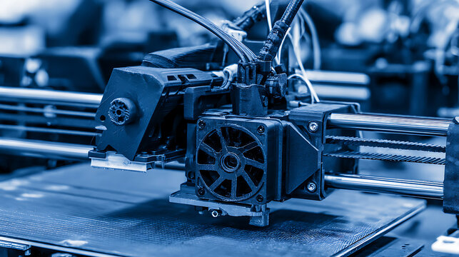 Close-up of a 3D printer's extruder and motor assembly in operation