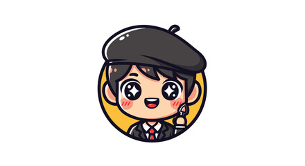 Cute artist character with beret and paintbrush smiling happily in a circle.