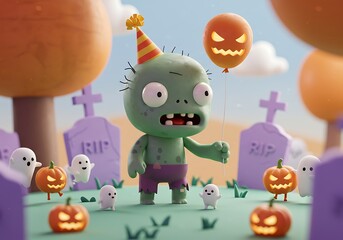 Fototapeta premium Cute Cartoon Zombie with Halloween Party Background