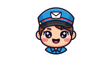 Cute Cartoon Postman Head with Blue Hat and Envelope Icon.