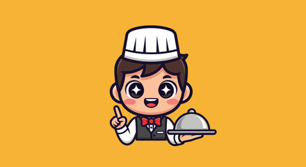 Cute cartoon chef character holding a tray of food focused on the main subject with a chefs hat and uniform and a happy expression.