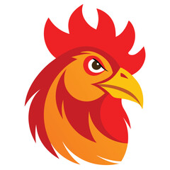Vector art of a vibrant rooster head with a fiery red comb and golden beak, , showcasing its proud and alert expression in a stylized vector illustration