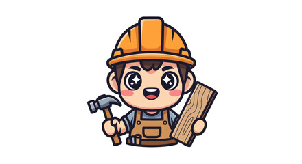 Fototapeta premium Cute cartoon construction worker character holding hammer and wood plank.