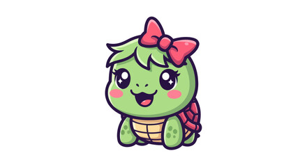 Obraz premium Adorable cartoon turtle girl with pink bow.