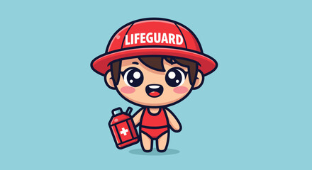 Cute cartoon lifeguard character in red uniform.