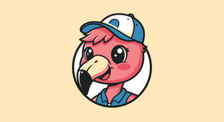 Cute cartoon flamingo character wearing a blue and white baseball cap and a blue shirt.