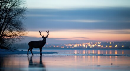 Majestic Deer Silhouetted Against a Twilight Sky over a Frozen Lake