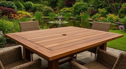 Obraz premium Wooden Garden Table with Fountain View