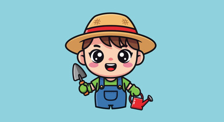 Cute cartoon farmer boy holding a trowel and watering can.