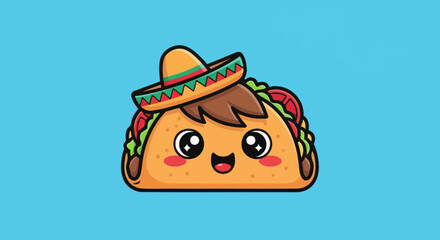 Cute cartoon taco wearing a sombrero smiling happily with joy.