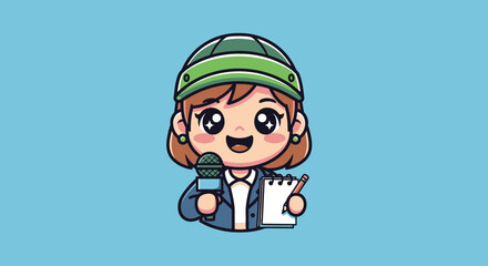 Cute cartoon female reporter holding microphone and notepad ready for news.