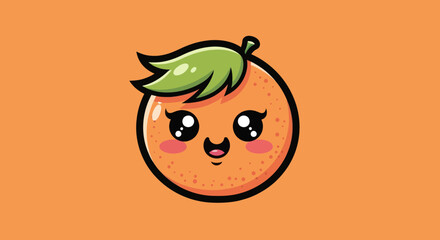 Cute cartoon orange character with a happy face and green leaf.