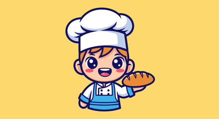 Cute Cartoon Baker Boy Holding Fresh Bread.