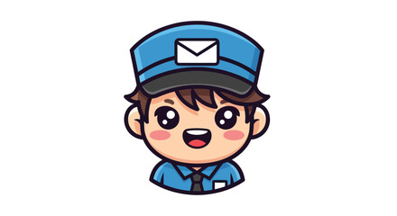 Cute cartoon postal worker happy expression blue uniform mail cap.