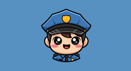 Cute cartoon police officer wearing a blue uniform and hat with a smile.