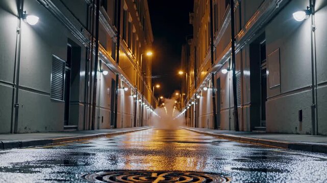 A Narrow Alleyway at Night with Reflections on Wet Pavement, Illuminated by Warm Street Lights and Mist in the Distance