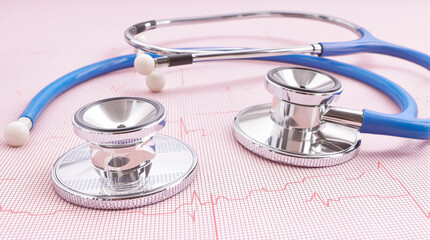 Blue stethoscope on cardiogram sheets. 3d rendering