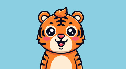 Adorable cartoon tiger character illustration with big eyes and happy expression.