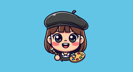 Cartoon Artist Girl with Beret Holding Palette and Brush.