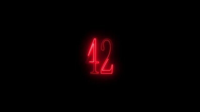Red neon number 42 glowing on black background forty two numeral