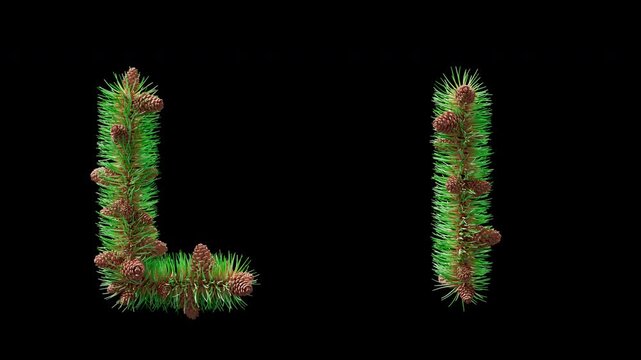 3D animation of uppercase and lowercase letter L designed with pine needles and cones, transparent background. Decorative 3D alphabet for eco concepts, Christmas cards, and winter celebrations.
