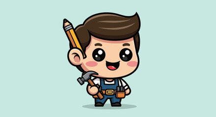 Cute cartoon handyman boy holding a pencil and hammer.