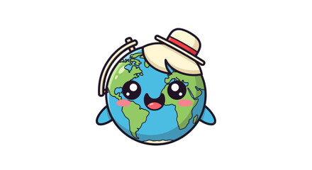 Cute cartoon Earth globe character with a happy face and hat.