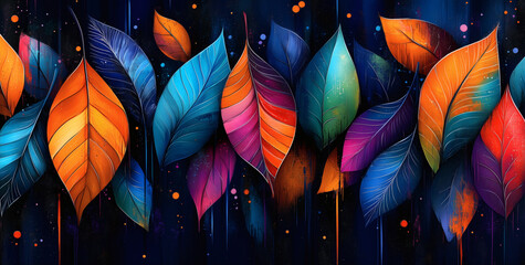Vibrant abstract leaves on dark background, colorful autumn botanical art