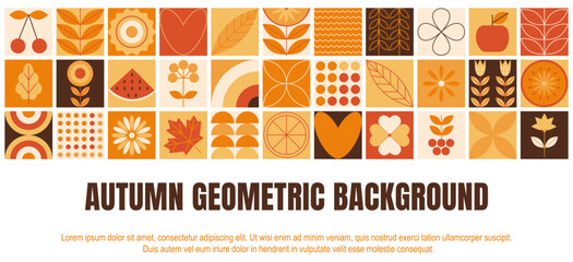 Autumn geometric background. Horizontal banner with simple autumn harvest icons and geometric shapes. Design template for discount cards, flyers, posters, ad, presentation, print. Vector illustration