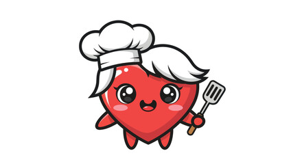 Cute cartoon heart character dressed as a chef holding a spatula ready to cook.