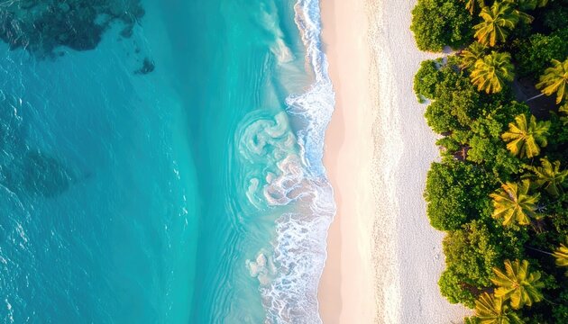 Aerial View of Tropical Beach with Turquoise Water and Palm Trees in Bright Sunlight - Powered by Adobe