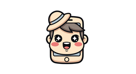 Cute Cartoon Boy with Hat Emerging from Smartphone Screen.