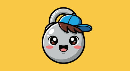 Cute cartoon padlock character wearing a blue baseball cap.