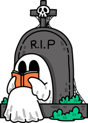 Halloween Ghost Reading the Book on Tombstone Cartoon
