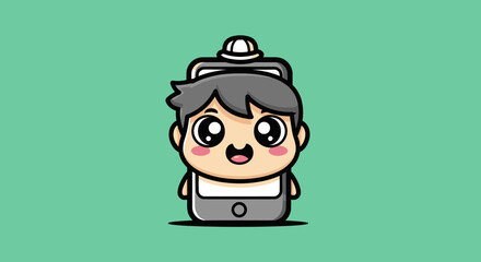 Cute cartoon character boy shaped like a backpack or lunchbox.