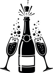 Champagne Bottle with Sparkling Glasses | Celebration Party Drink Illustration | Festive Black and White Vector Design | Popping Cork and Bubbles.