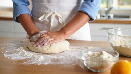 Fototapeta premium Person kneading fresh dough on a wooden counter, making homemade bread, pizza, or pastry, enjoying the process of baking and cooking in a modern kitchen