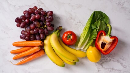 Fresh fruits and vegetables including grapes, bananas, carrots, lettuce, tomato, lemon, and bell pepper, providing essential vitamins and promoting healthy eating habits