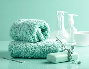 Mint green spa setting with towels, soap, and bottles