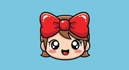 Fototapeta premium Cute Happy Girl Head with Red Bow Cartoon Illustration.