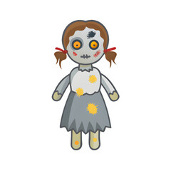 Fototapeta premium doll costume with cracked porcelain makeup, tattered dress, and glowing eyes, eerie Halloween icon. 
