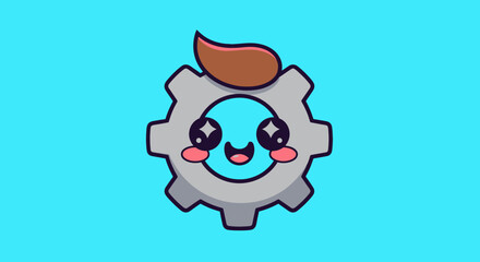 Cute Kawaii Gear Character with Happy Face and Hair.