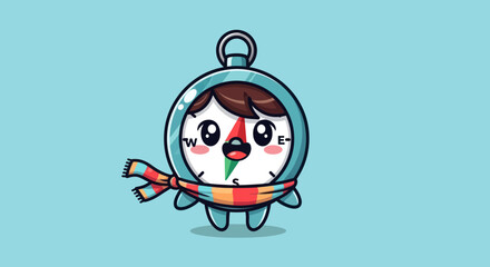Cute kawaii compass character wearing a colorful striped scarf.