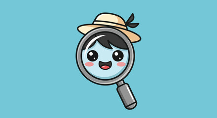 Cute cartoon magnifying glass with a smiling face and a hat.