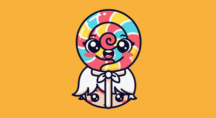 Cute cartoon character with a colorful lollipop head and a happy expression.