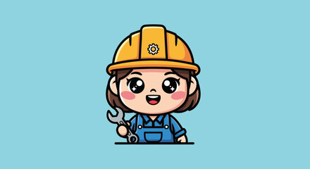 Cartoon Female Construction Worker Holding Wrench with Hard Hat.