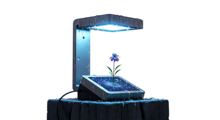 A single flower growing under an artificial light source, isolated on transparent background the flower is a symbol of hope and resilience, thriving in an environment created by technology the light p