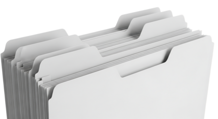 Closeup of a stack of white file folders with blank tabs, isolated on transparent background ideal for illustrating organization, paperwork, and office administration, showcasing a clean and efficient